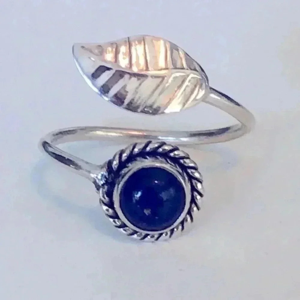 Size 6 Real Lapis Lazuli Solid 925 Sterling Silver Adjustable Handmade Leaf Ring
